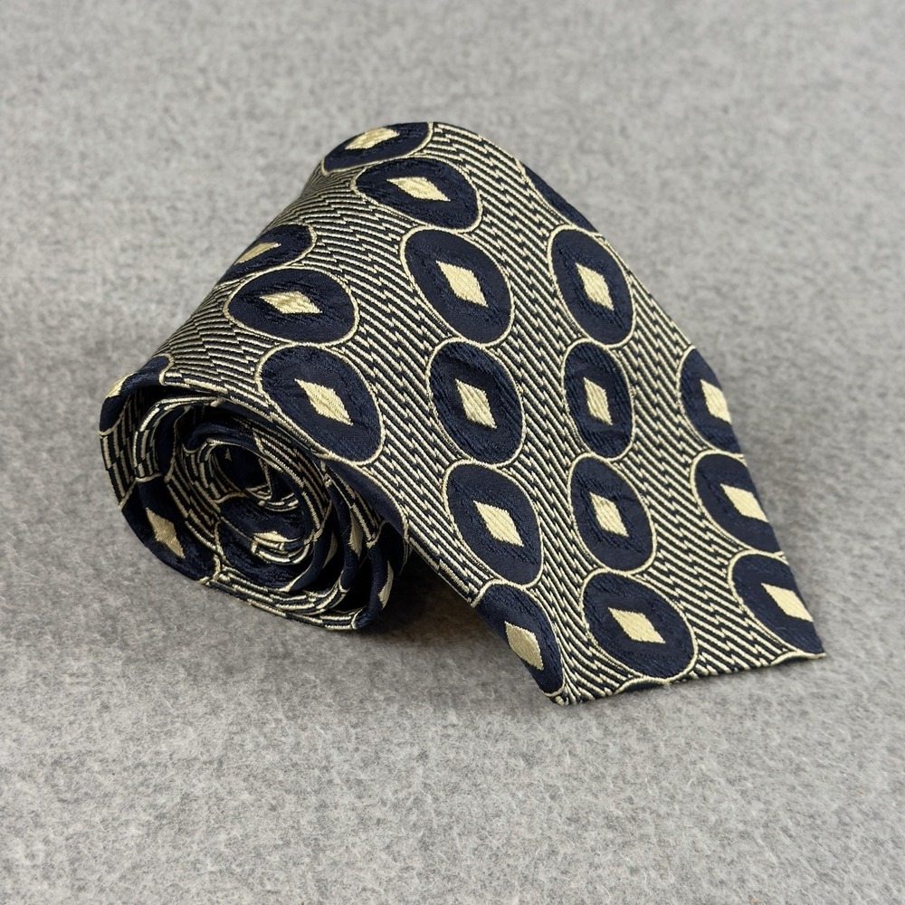 Vintage Ike Behar New York Mens Silk Tie Navy Ivory Geometric Necktie 58x3.75"